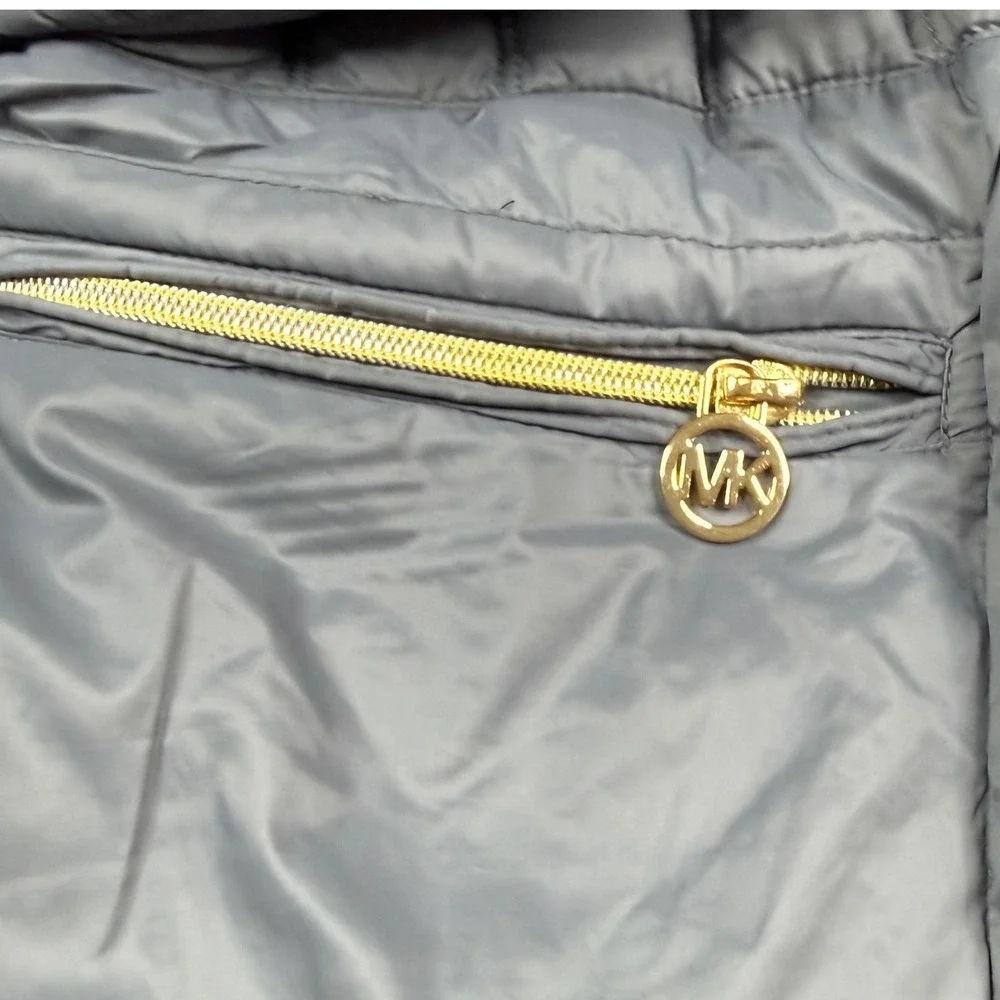 Michael Kors Down Puffer Jacket Women Large Gray Packable Gold Zip Funnel Neck